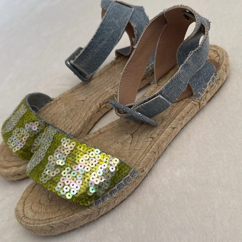 J. Crew | Sequin Ankle Strap Espadrilles Green/Blue Chambray (8) - Picture 6 of 15